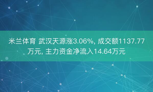 米兰体育 武汉天源涨3.06%, 成交额1137.77万元, 主力资金净流入14.64万元